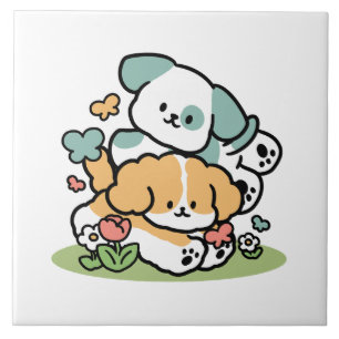 Happy Puppies Rolling Into May – Kawaii Dog Art Ceramic Tile