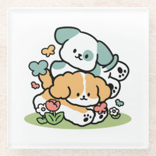 Happy Puppies Rolling Into May – Kawaii Dog Art Glass Coaster