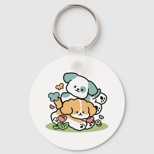 Happy Puppies Rolling Into May – Kawaii Dog Art Key Ring (Front)