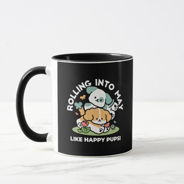 Happy Puppies Rolling Into May – Kawaii Dog Art Mug (Left)