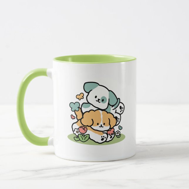 Happy Puppies Rolling Into May – Kawaii Dog Art Mug (Left)