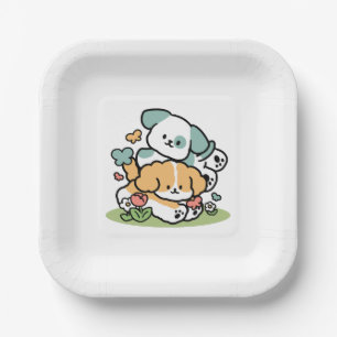 Happy Puppies Rolling Into May – Kawaii Dog Art Paper Plate
