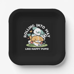 Happy Puppies Rolling Into May – Kawaii Dog Art Paper Plate
