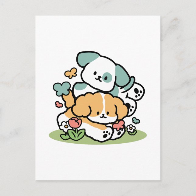 Happy Puppies Rolling Into May – Kawaii Dog Art Postcard (Front)