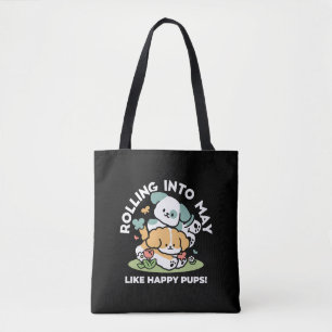Happy Puppies Rolling Into May – Kawaii Dog Art Tote Bag