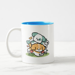 Happy Puppies Rolling Into May – Kawaii Dog Art Two-Tone Coffee Mug