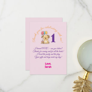 Happy Puppy, 1st Birthday Girl Party, Flat Thank You Card