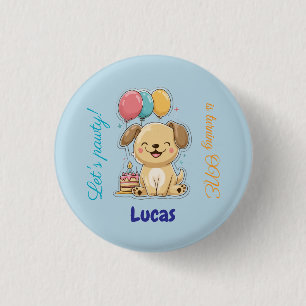 Happy Puppy, Boy, Let's Pawty, 1st Birthday  3 Cm Round Badge