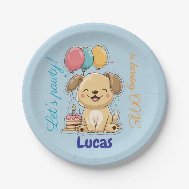 Happy Puppy, Boy, Let's Pawty, 1st Birthday  Paper Plate (Front)