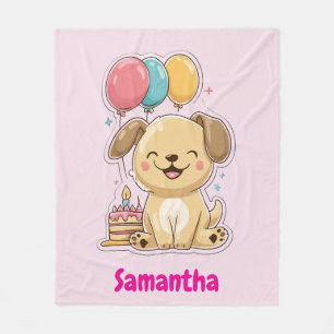 Happy Puppy, Girl, 1st Birthday Gift, Personalized Fleece Blanket