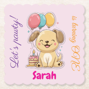 Happy Puppy, Girl, Let's Pawty, 1st Birthday Paper Coaster
