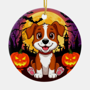 Happy Puppy in a Halloween Setting with Pumpkins Ceramic Ornament