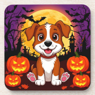 Happy Puppy in a Halloween Setting with Pumpkins Coaster
