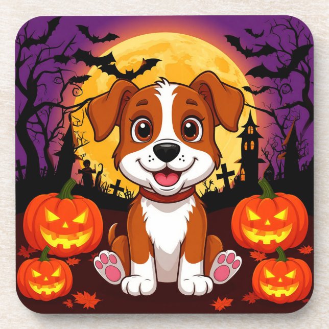 Happy Puppy in a Halloween Setting with Pumpkins Coaster (Front)
