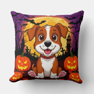 Happy Puppy in a Halloween Setting with Pumpkins Cushion