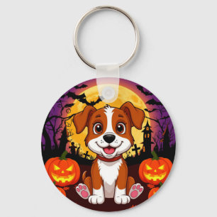 Happy Puppy in a Halloween Setting with Pumpkins Key Ring