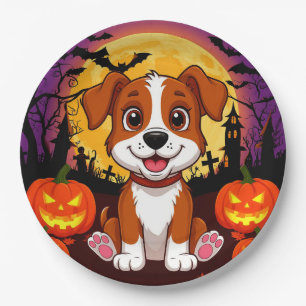 Happy Puppy in a Halloween Setting with Pumpkins Paper Plate