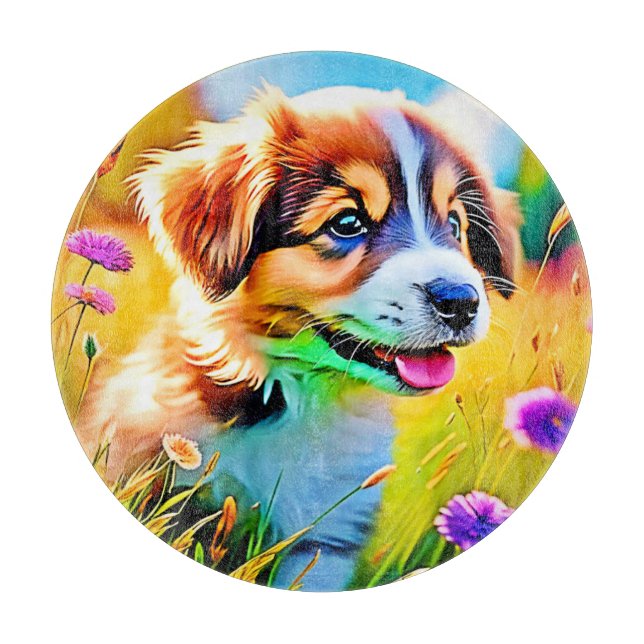 Happy Puppy Meadow Design Cutting Board (Front)