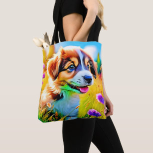 Happy Puppy Meadow Design Tote Bag