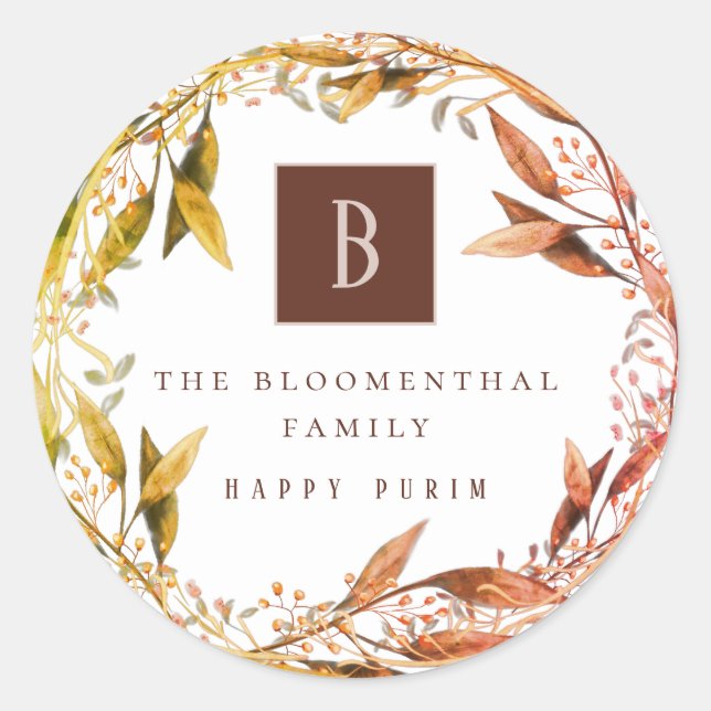 Happy Purim Autumn leaf custom Classic Round Sticker (Front)