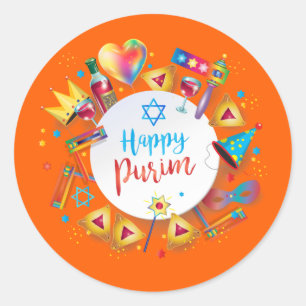Happy Purim Basket Gifts, Decoration, Ornaments Classic Round Sticker