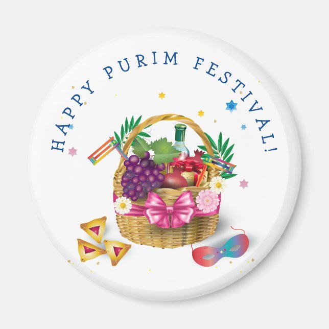 Happy Purim Basket Gifts, Decoration, Ornaments Magnet (Front)