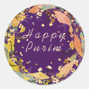 Happy Purim Customise Leafy wreath Classic Round Sticker