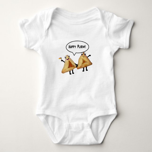 Happy Purim Cute Smiling Hamentaschen Cartoon Baby Bodysuit (Front)