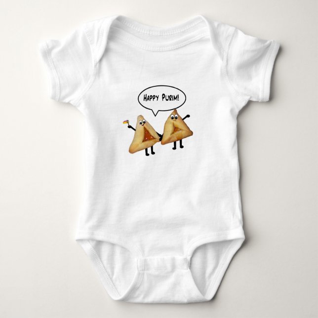 Happy Purim Cute Smiling Hamentaschen Cartoon Baby Bodysuit (Front)