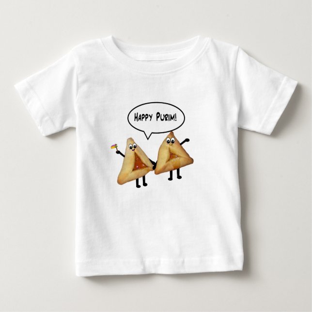 Happy Purim Cute Smiling Hamentaschen Cartoon Baby T-Shirt (Front)
