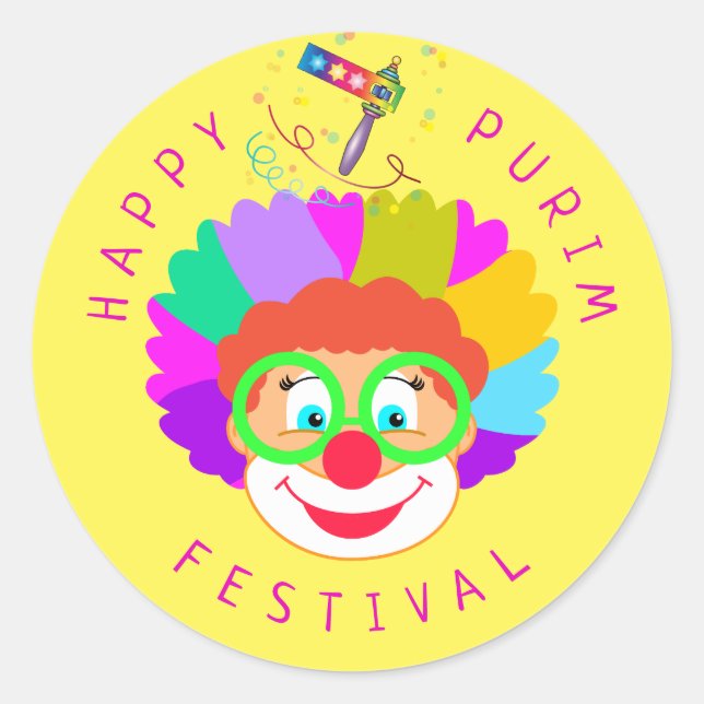 Happy Purim Festival Funny Clown Kids Party Classic Round Sticker (Front)