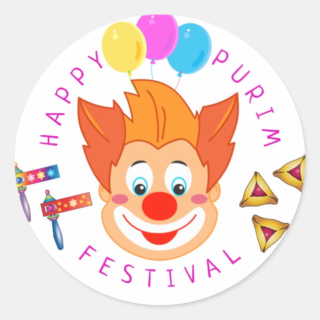Happy Purim Festival Funny Clown Kids Party Classic Round Sticker (Front)