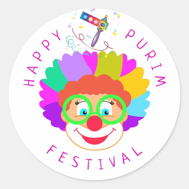 Happy Purim Festival Funny Clown Kids Party Classic Round Sticker (Front)
