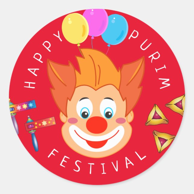 Happy Purim Festival Funny Clown Kids Party Classic Round Sticker (Front)