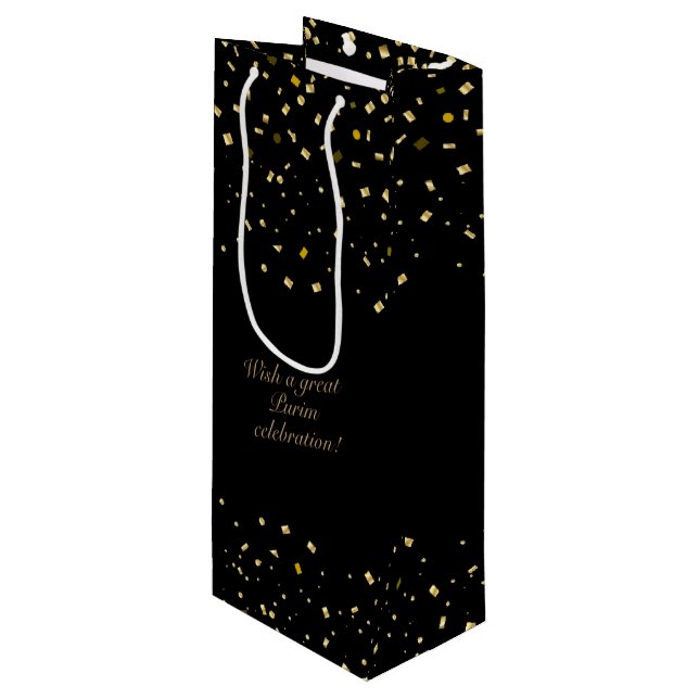 Happy Purim Festival Gifts Holiday Gold Confetti Wine Gift Bag (Front Angled)