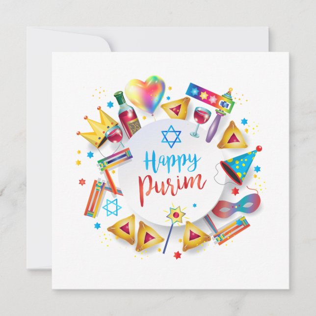 Happy Purim Festival Hamantaschen & Gragger Hebrew Holiday Card (Front)