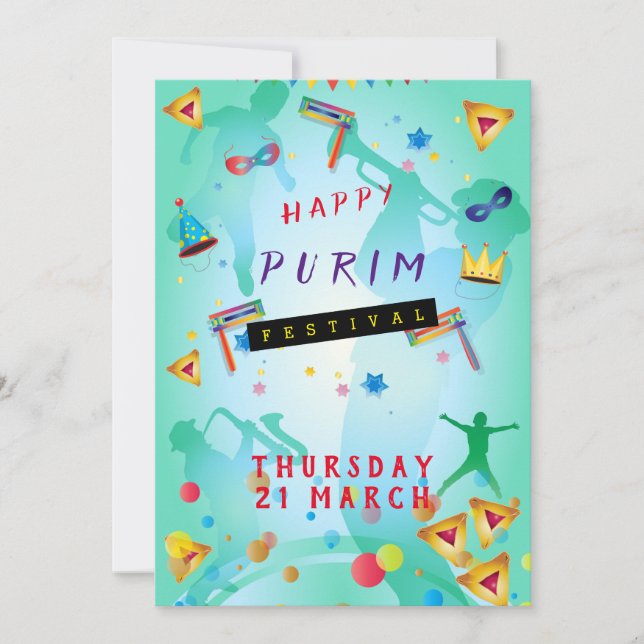 Happy Purim Festival Masquerade Kids Party Holiday Card (Front)