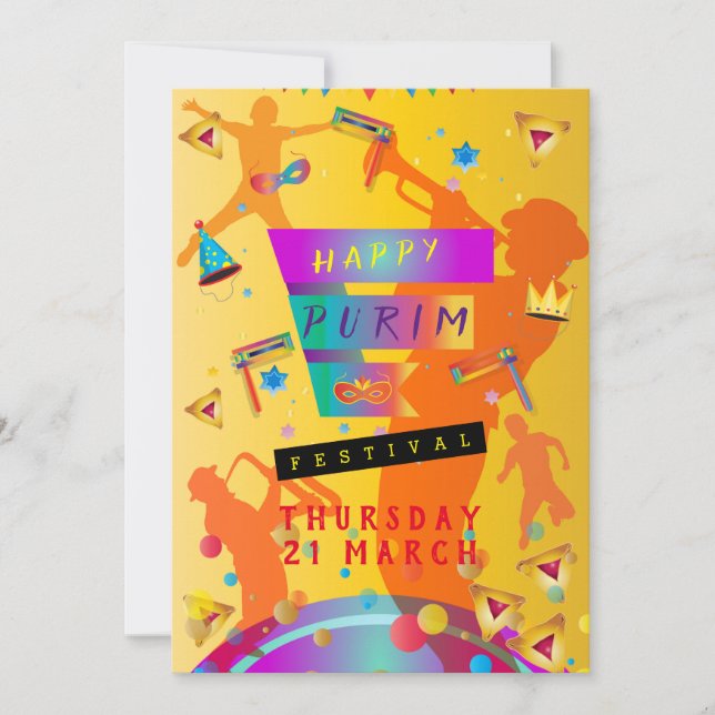 Happy Purim Festival Masquerade Kids Party Holiday Card (Front)