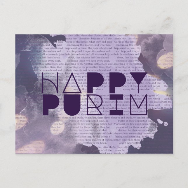 HAPPY PURIM in Purple with Esther Story Postcard (Front)