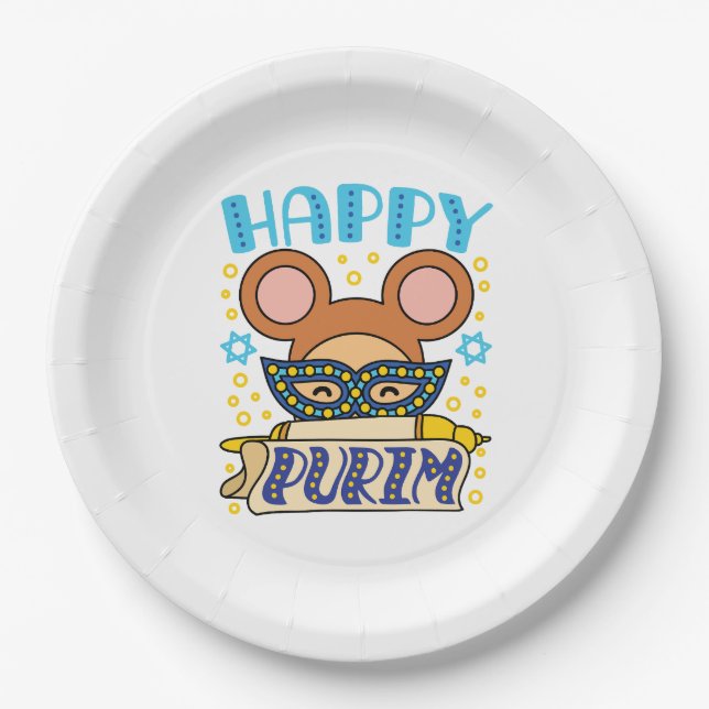 Happy Purim Jewish Holiday Mask Paper Plate (Front)