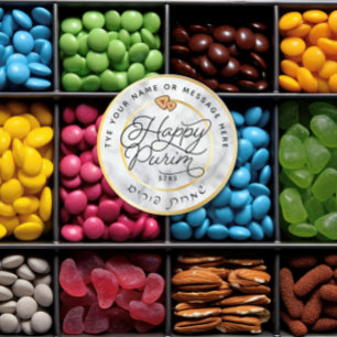 Happy Purim Marble & Gold Script Classic LARGE Classic Round Sticker