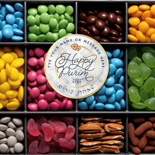 Happy Purim Marble & Gold Script Classic LARGE Classic Round Sticker (Creator Uploaded)