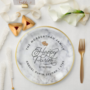 Happy Purim Marble & Gold Script Classic Round Sti Paper Plate