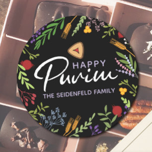 Happy Purim Personalised Floral Label on Black