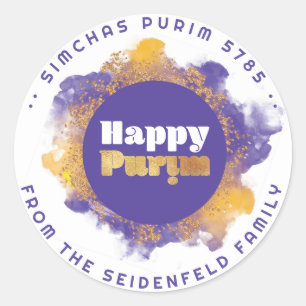  Happy Purim Purple Personalised Monogram Classic  Round Sticker