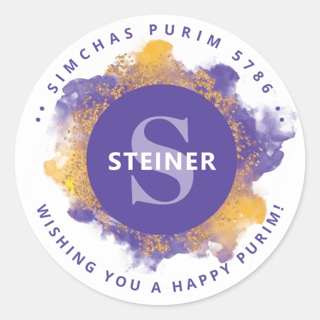  Happy Purim Purple Personalised Monogram Classic Round Sticker (Front)