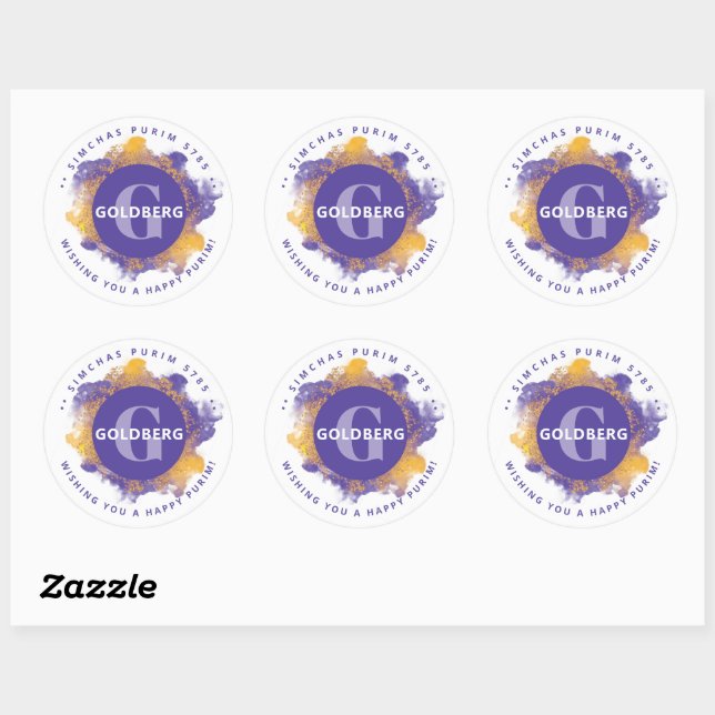  Happy Purim Purple Personalised Monogram LARGE Classic Round Sticker (Sheet)