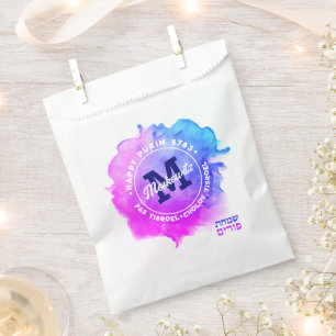 Happy Purim Watercolor Monogram Kosher Info Favour Bag