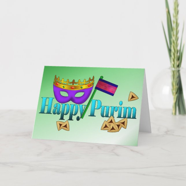 Happy Purim with Mask, Gragger, and Hamentaschen Card (Front)