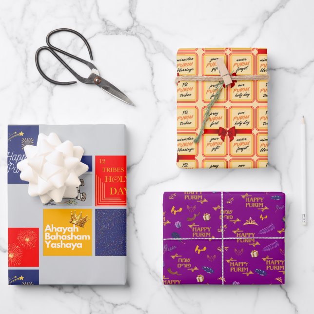Happy Purim Wrapping Paper Flat Sheet Set of 3 (Front)